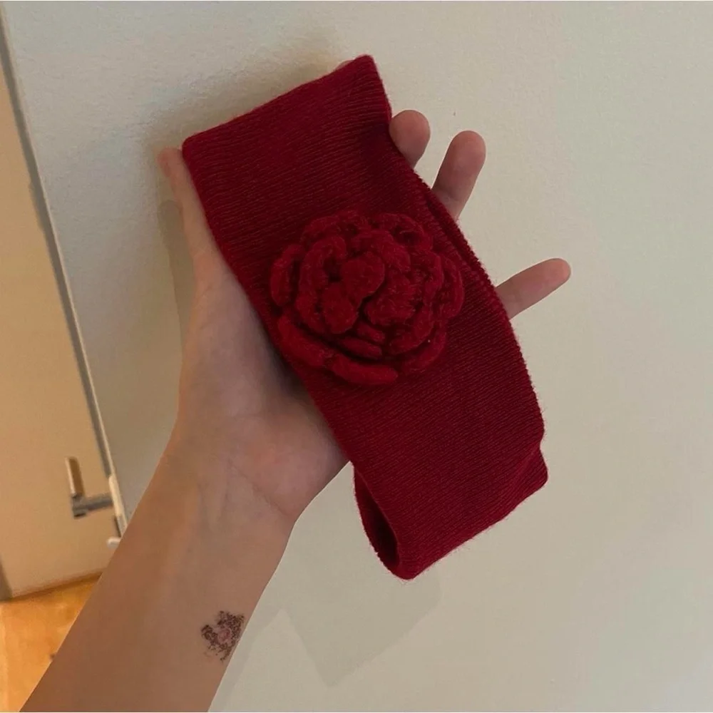 Red Knitted Headband with Flower Accent